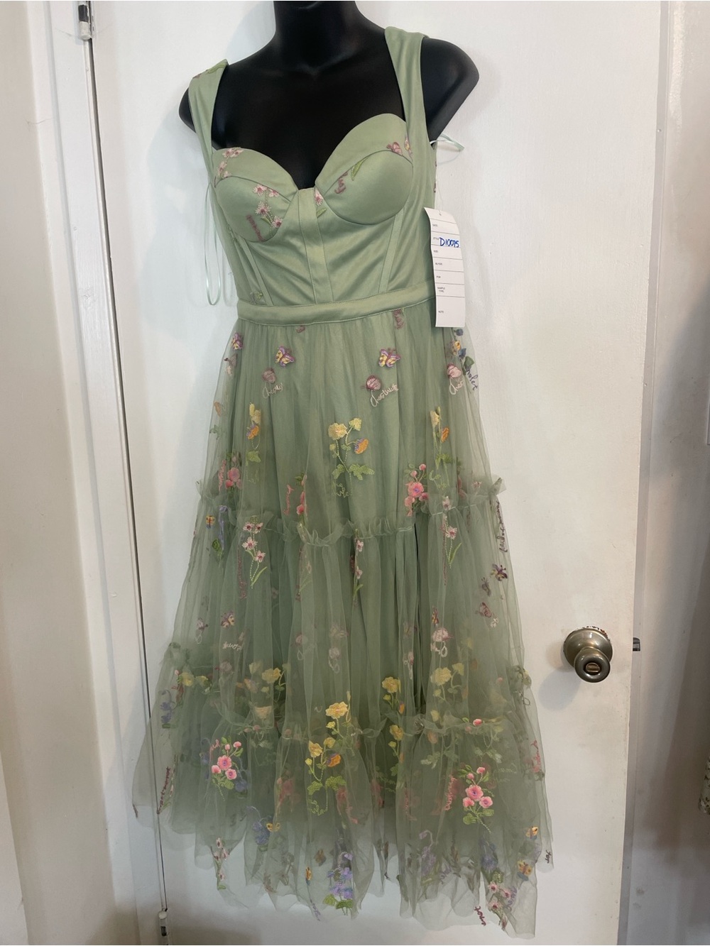 Sage Green Floral Embroidered Tulle Dress with Sweetheart Bodice with slit